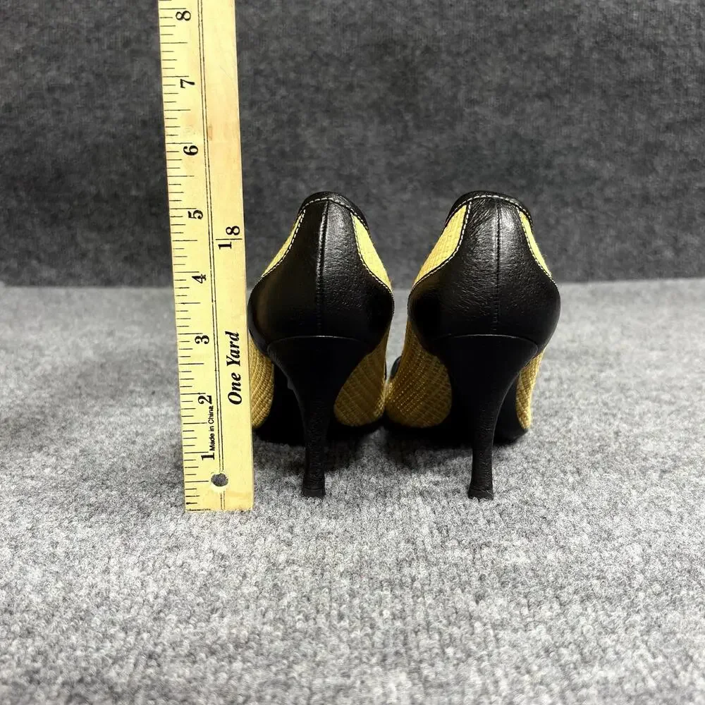 Prada Shoes Womens 5.5 EU 35.5 Beige Black Leather Woven Cap Toe Pumps Heels